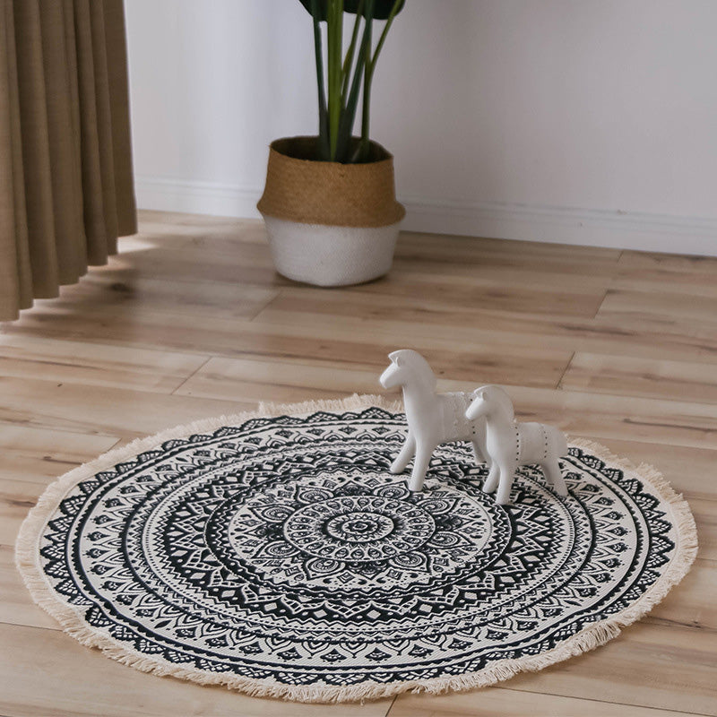 Avtoit | Moroccan Living Room Rug Multicolored Tribal Totem Print Rug Cotton Blend Machine Washable Rug with Fringe
