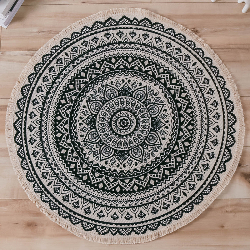 Avtoit | Moroccan Living Room Rug Multicolored Tribal Totem Print Rug Cotton Blend Machine Washable Rug with Fringe
