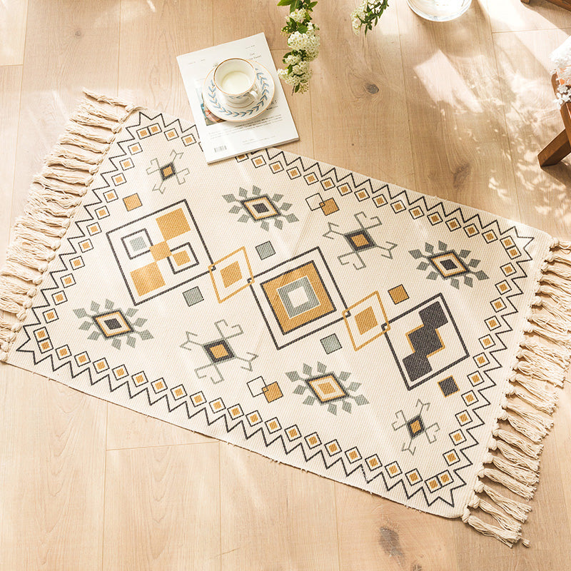 Avtoit | Moroccan Bedroom Rug Multicolored Tribal Symbols Rug Cotton Blend Pet Friendly Eco-Friendly Area Rug with Fringes