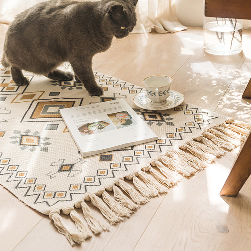 Avtoit | Moroccan Bedroom Rug Multicolored Tribal Symbols Rug Cotton Blend Pet Friendly Eco-Friendly Area Rug with Fringes