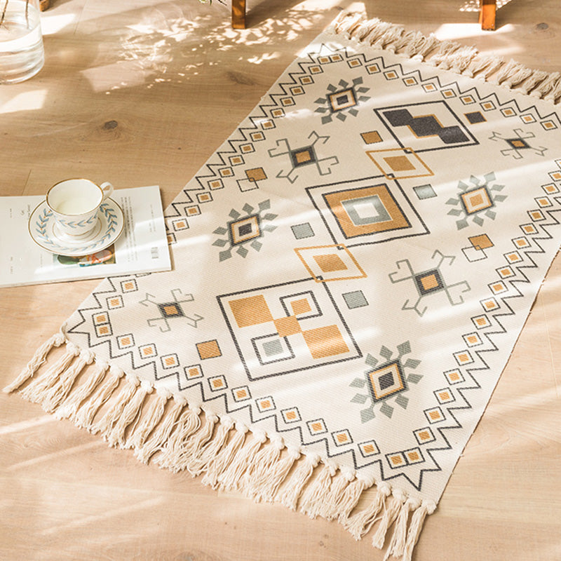 Avtoit | Moroccan Bedroom Rug Multicolored Tribal Symbols Rug Cotton Blend Pet Friendly Eco-Friendly Area Rug with Fringes
