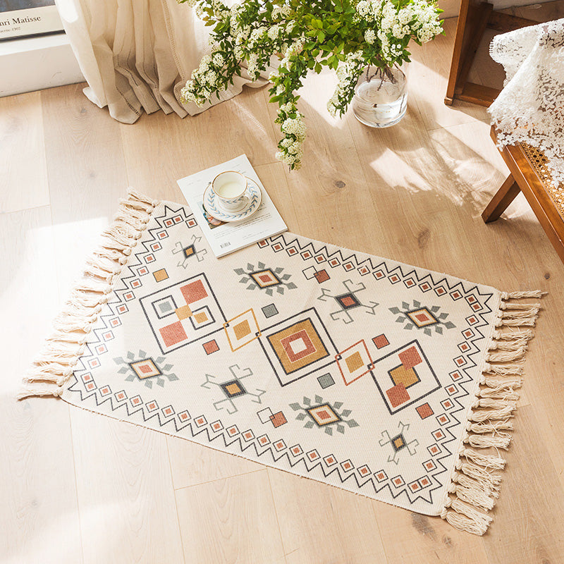 Avtoit | Moroccan Bedroom Rug Multicolored Tribal Symbols Rug Cotton Blend Pet Friendly Eco-Friendly Area Rug with Fringes