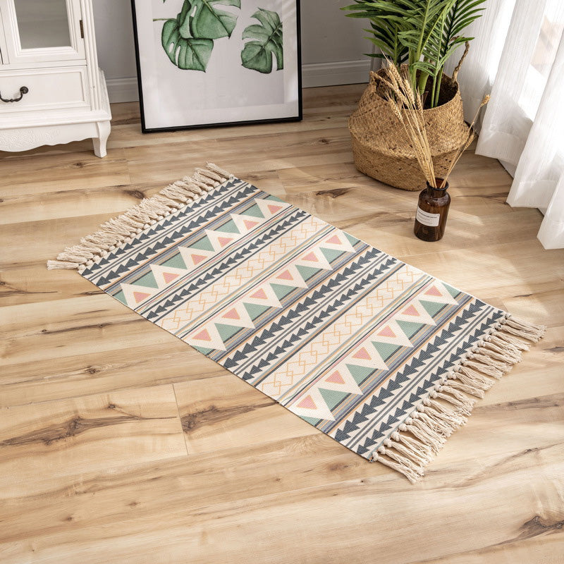 Avtoit | Classic geometric printed rug Multicolored cotton blend rug easy to maintain washable rug with fringes for the bedroom