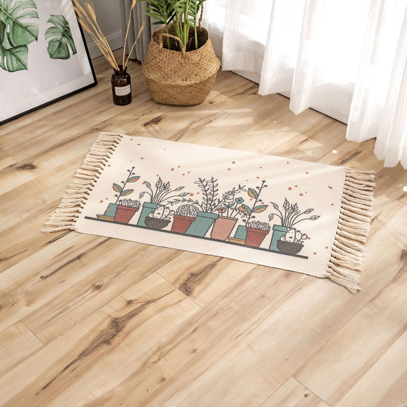 Avtoit | Classic geometric printed rug Multicolored cotton blend rug easy to maintain washable rug with fringes for the bedroom