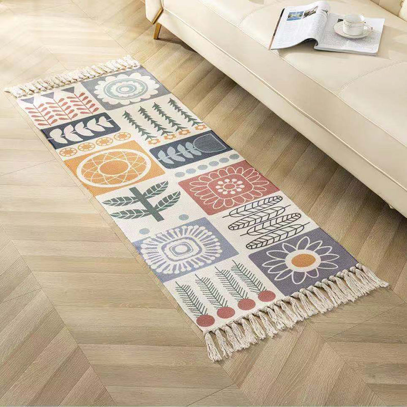 Avtoit | Classic geometric printed rug Multicolored cotton blend rug easy to maintain washable rug with fringes for the bedroom