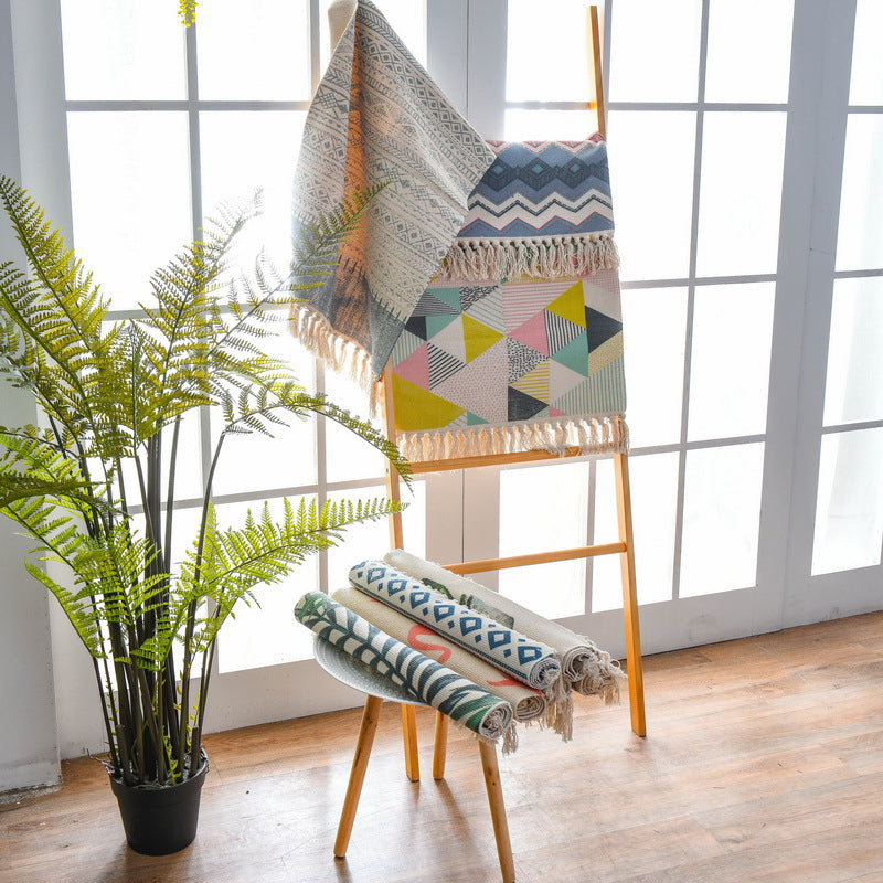 Avtoit | Western Bedroom Carpet Multicolored geometric print rug cotton blend machine washable easy care with fringes
