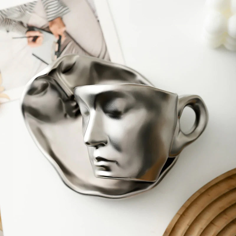 Avtoit | Metal Touching Face Creative Ceramic Kiss Coffee Cup, Artistic Vibe Mug & Saucer Set