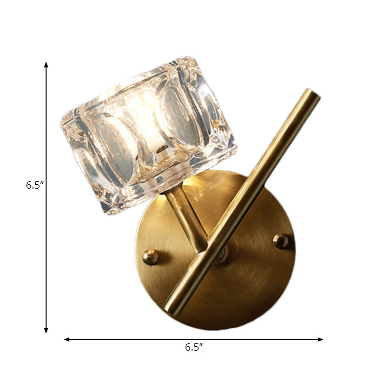Avtoit | 1/2-Light Bedroom Wall Lighting Contemporary Style Brass Finish with Square Clear Crystal Shade