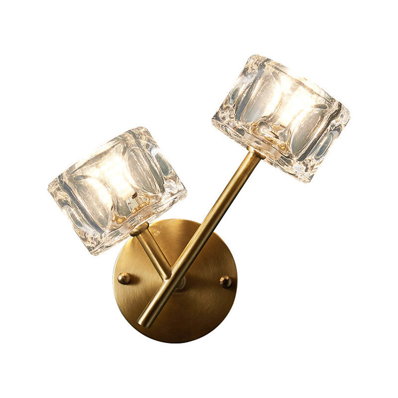 Avtoit | 1/2-Light Bedroom Wall Lighting Contemporary Style Brass Finish with Square Clear Crystal Shade