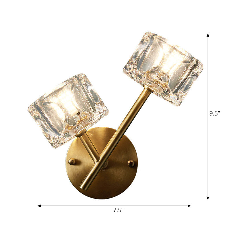 Avtoit | 1/2-Light Bedroom Wall Lighting Contemporary Style Brass Finish with Square Clear Crystal Shade