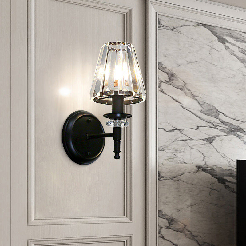 Avtoit | Clear Crystal Cone Wall Mount Light Contemporary Style 1 Bulb Black Surface Wall Light for Bedroom