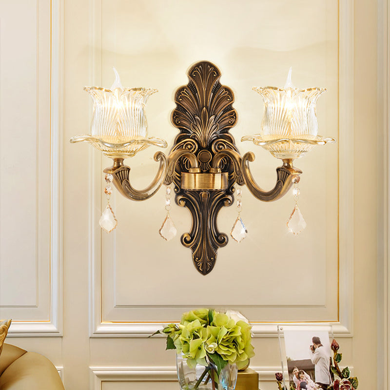 Avtoit | 1/2-Light Living Room Wall Mount Lamp Vintage Style Brass Wall Light with Flower Clear Structured Glass Shade