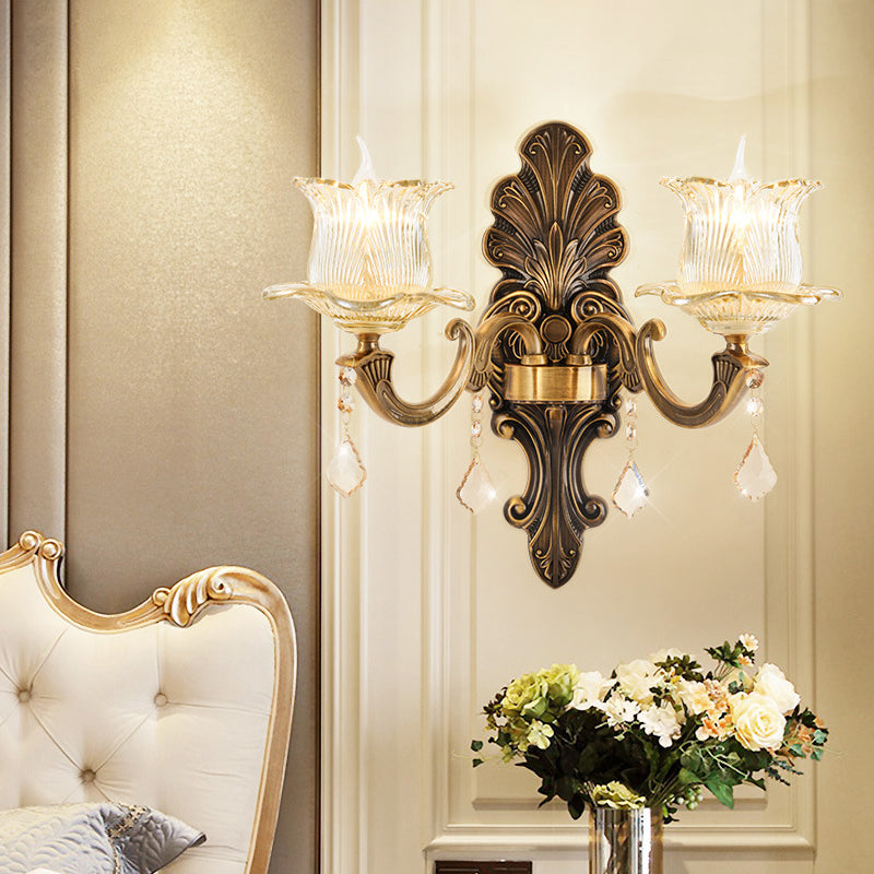 Avtoit | 1/2-Light Living Room Wall Mount Lamp Vintage Style Brass Wall Light with Flower Clear Structured Glass Shade