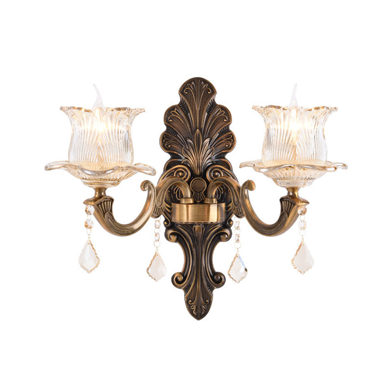 Avtoit | 1/2-Light Living Room Wall Mount Lamp Vintage Style Brass Wall Light with Flower Clear Structured Glass Shade