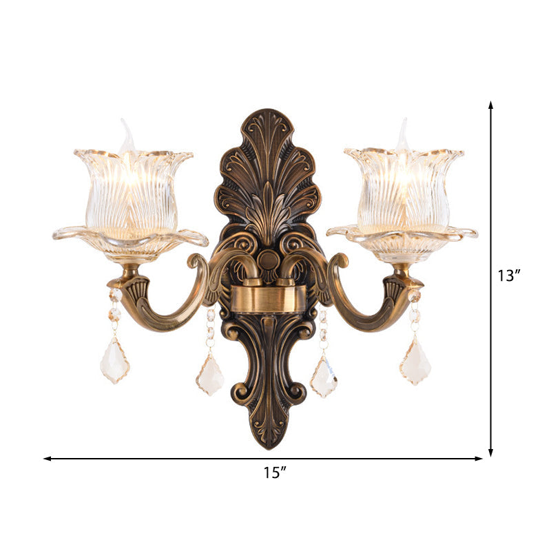 Avtoit | 1/2-Light Living Room Wall Mount Lamp Vintage Style Brass Wall Light with Flower Clear Structured Glass Shade