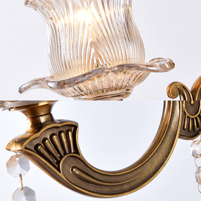 Avtoit | 1/2-Light Living Room Wall Mount Lamp Vintage Style Brass Wall Light with Flower Clear Structured Glass Shade