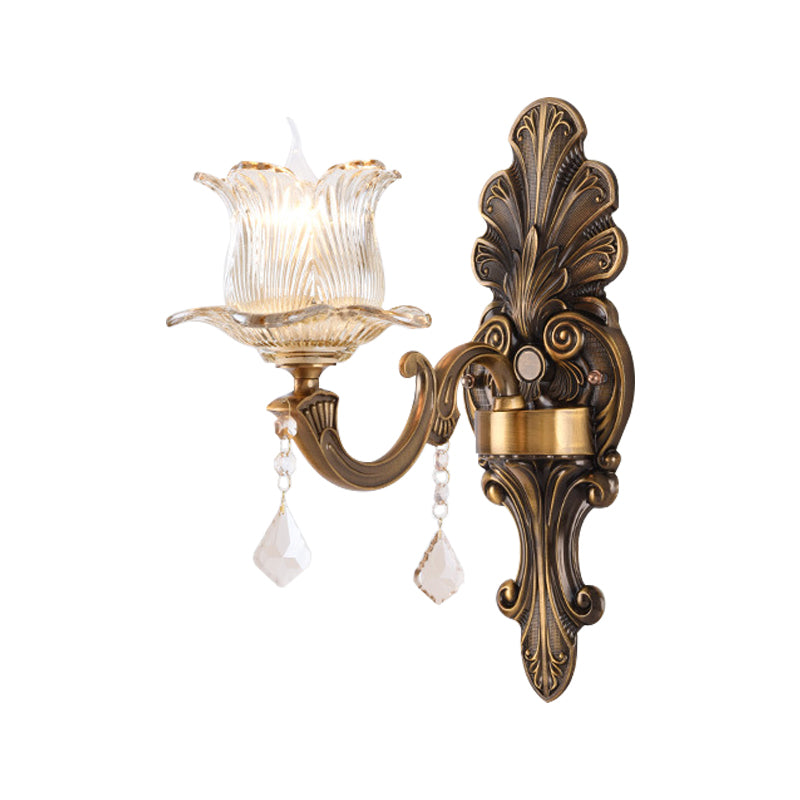 Avtoit | 1/2-Light Living Room Wall Mount Lamp Vintage Style Brass Wall Light with Flower Clear Structured Glass Shade