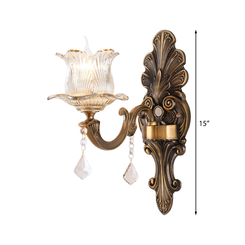 Avtoit | 1/2-Light Living Room Wall Mount Lamp Vintage Style Brass Wall Light with Flower Clear Structured Glass Shade