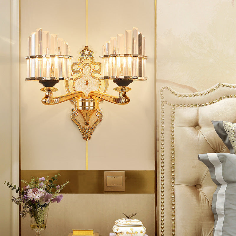 Avtoit | Clear Crystal Block Wall Light Modern Style 1/2-Light Wall Lamp with Carved Back in Brass