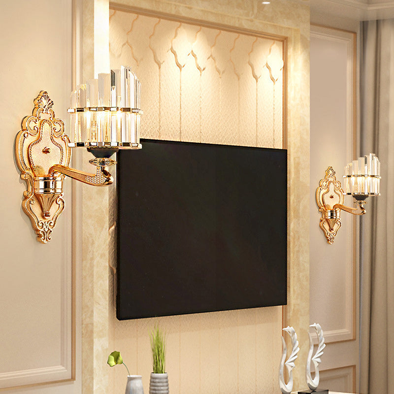 Avtoit | Clear Crystal Block Wall Light Modern Style 1/2-Light Wall Lamp with Carved Back in Brass