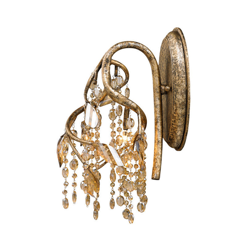 Avtoit | Branching Wall-Mounted Lighting Vintage Metal 1 Bulb Brass Finish Wall Light with Amber Crystal Bead Accent