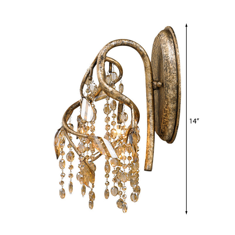 Avtoit | Branching Wall-Mounted Lighting Vintage Metal 1 Bulb Brass Finish Wall Light with Amber Crystal Bead Accent