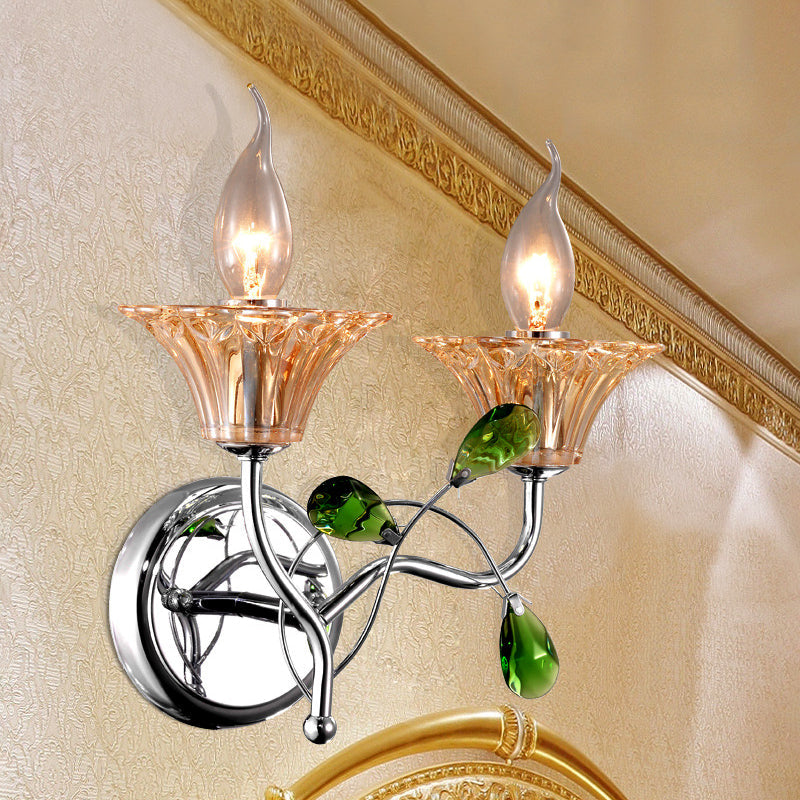 Avtoit | Bell Amber Glass Wall Light Vintage Stylish 2 Light Chrome Wall Lamp with Green Drop Crystal Decor