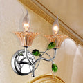 Avtoit | Bell Amber Glass Wall Light Vintage Stylish 2 Light Chrome Wall Lamp with Green Drop Crystal Decor