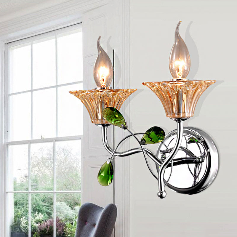 Avtoit | Bell Amber Glass Wall Light Vintage Stylish 2 Light Chrome Wall Lamp with Green Drop Crystal Decor