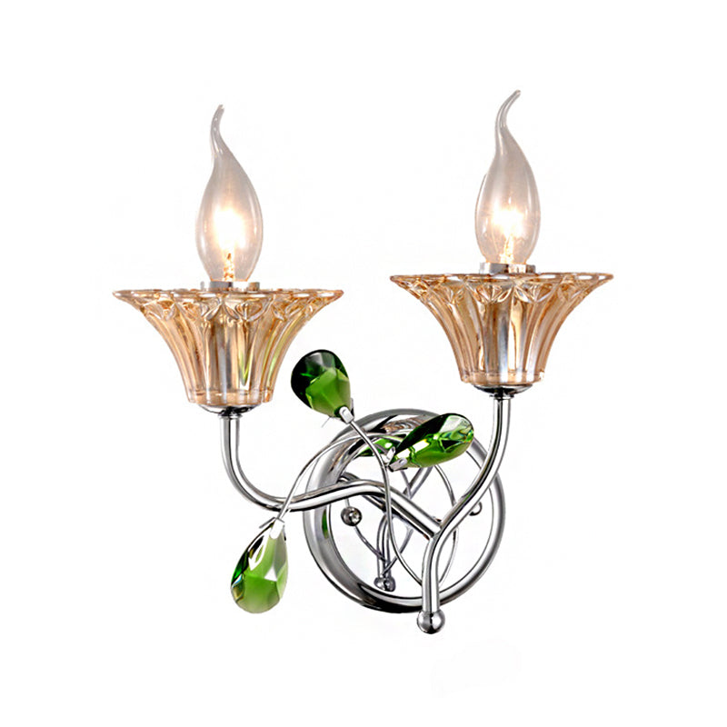 Avtoit | Bell Amber Glass Wall Light Vintage Stylish 2 Light Chrome Wall Lamp with Green Drop Crystal Decor