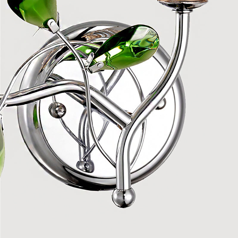 Avtoit | Bell Amber Glass Wall Light Vintage Stylish 2 Light Chrome Wall Lamp with Green Drop Crystal Decor