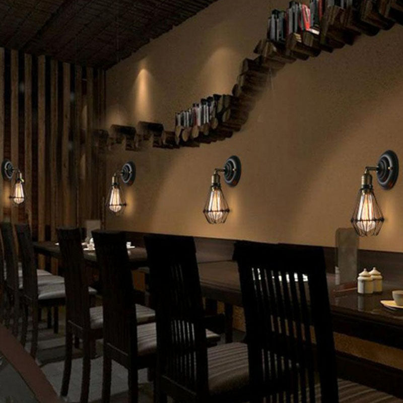 Avtoit | One-bulb wall-mounted light industrial pear cage iron wall light fixture in black