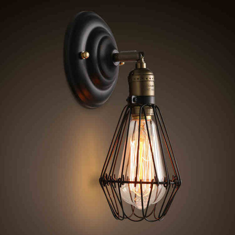Avtoit | One-bulb wall-mounted light industrial pear cage iron wall light fixture in black