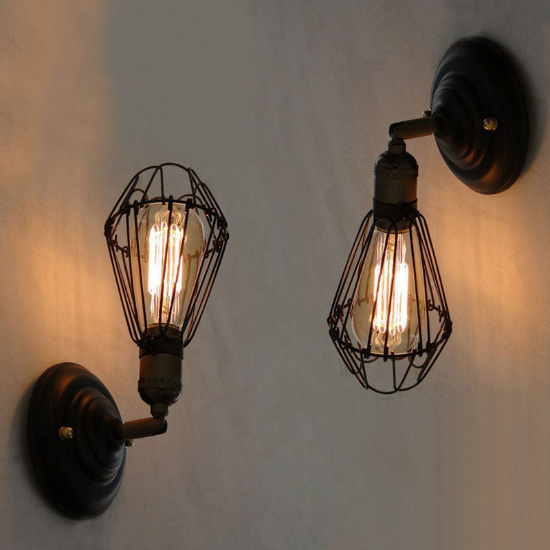 Avtoit | One-bulb wall-mounted light industrial pear cage iron wall light fixture in black