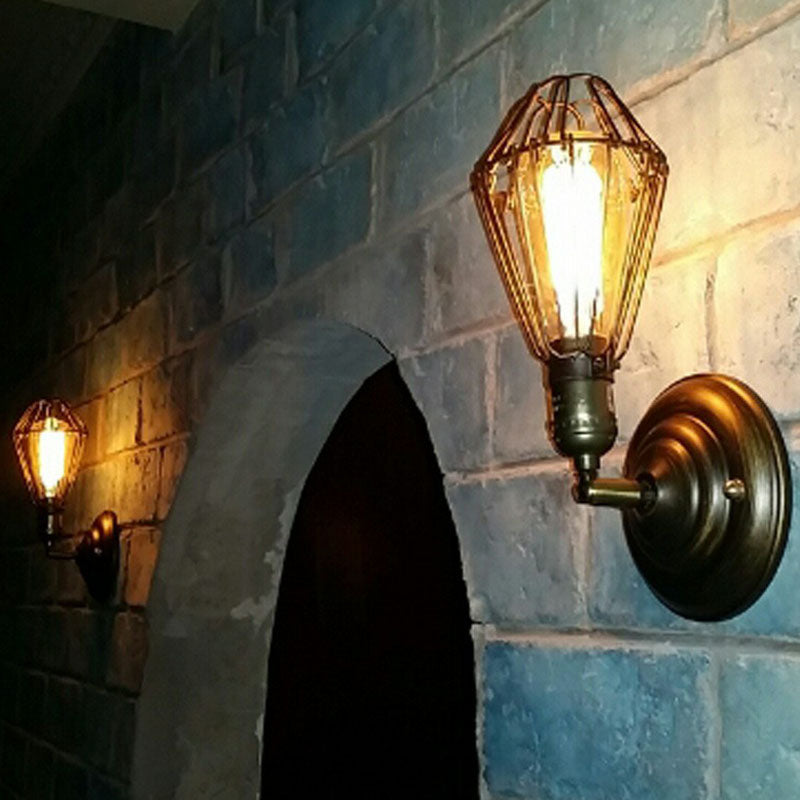 Avtoit | One-bulb wall-mounted light industrial pear cage iron wall light fixture in black