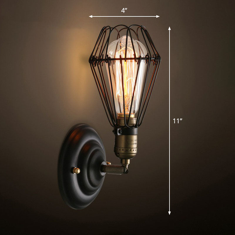 Avtoit | One-bulb wall-mounted light industrial pear cage iron wall light fixture in black
