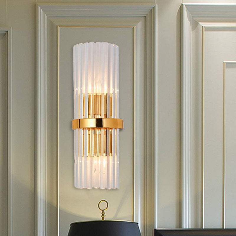 Avtoit | 2 Light Living Room Wall Mounted Lamp Modern Brass Finish Wall Light with Cylindrical Clear Crystal Shade