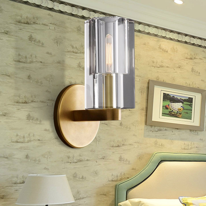 Avtoit | Cylinder Clear Crystal Wall Lamp Modernist 1 Light Wall Sconce with Round Backplate in Brass