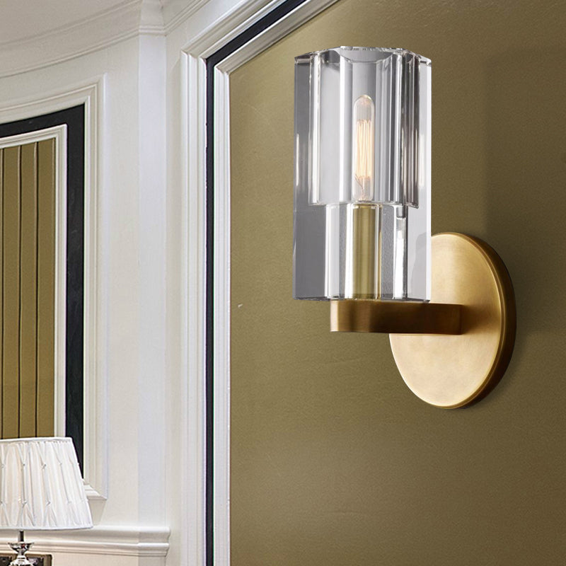 Avtoit | Cylinder Clear Crystal Wall Lamp Modernist 1 Light Wall Sconce with Round Backplate in Brass