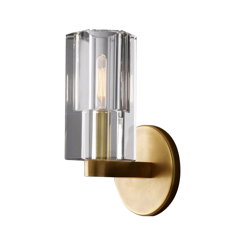 Avtoit | Cylinder Clear Crystal Wall Lamp Modernist 1 Light Wall Sconce with Round Backplate in Brass