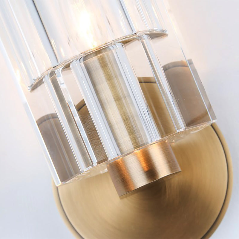 Avtoit | Cylinder Clear Crystal Wall Lamp Modernist 1 Light Wall Sconce with Round Backplate in Brass
