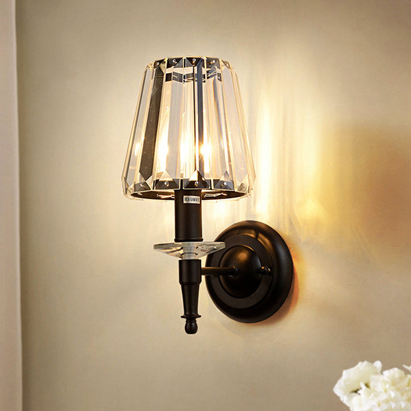 Avtoit | Cone clear crystal wall light sconce contemporary 1 light black wall lamp with round metal backplate