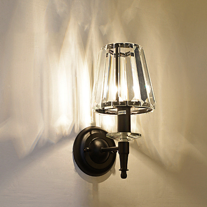 Avtoit | Cone clear crystal wall light sconce contemporary 1 light black wall lamp with round metal backplate