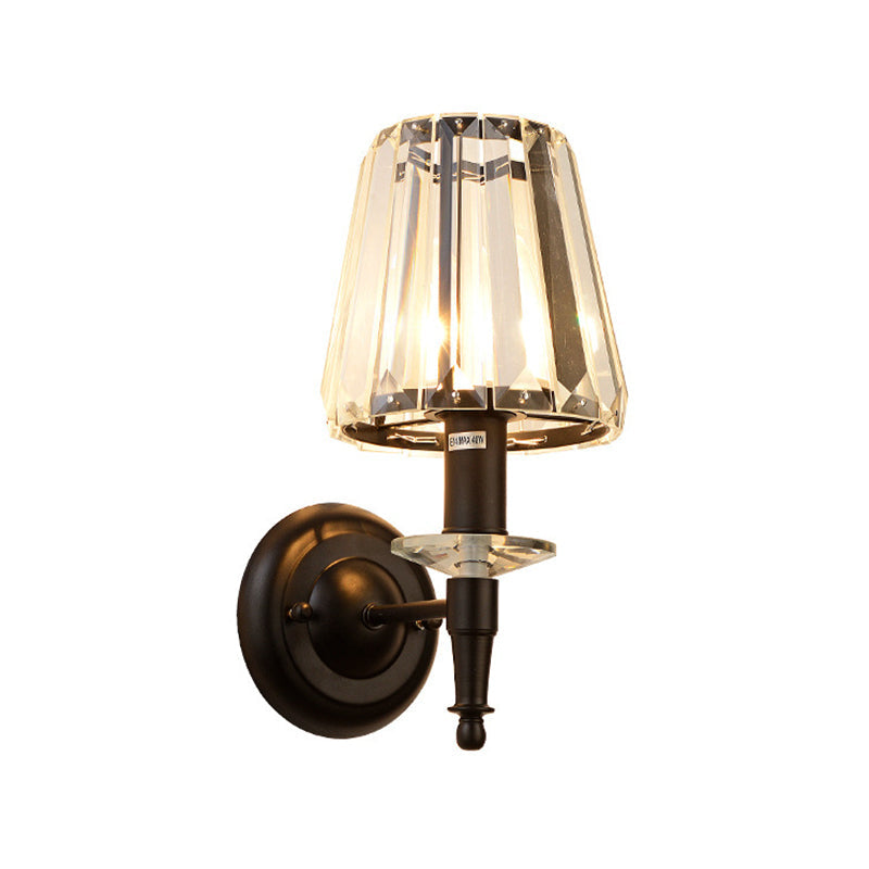 Avtoit | Cone clear crystal wall light sconce contemporary 1 light black wall lamp with round metal backplate