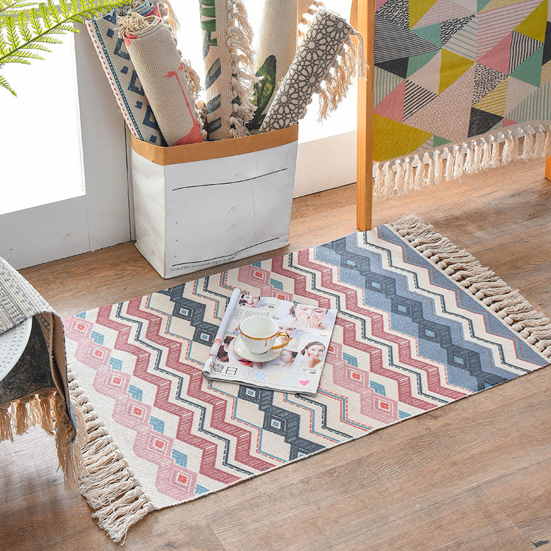 Avtoit | Western Bedroom Rug Multicolored Geometric Print Rug Polyester Handwoven Pet-Friendly Area Rug with Fringes