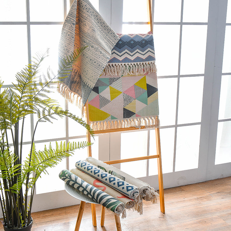Avtoit | Western Bedroom Rug Multicolored Geometric Print Rug Polyester Handwoven Pet-Friendly Area Rug with Fringes