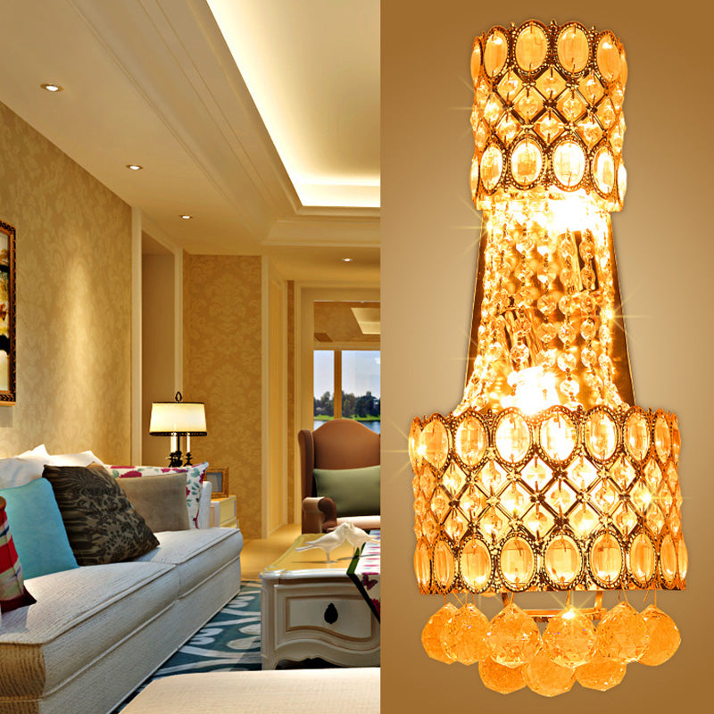 Avtoit | Beaded Wall Mount Light Vintage Metal 2 Bulbs Gold Wall Light with Cascading Clear Crystal Accents for Hallway