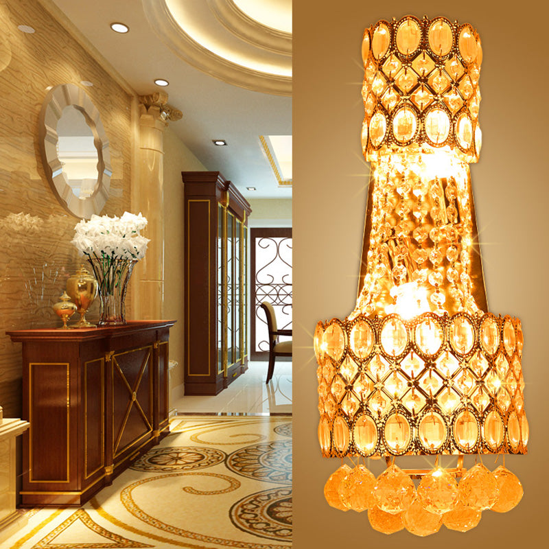 Avtoit | Beaded Wall Mount Light Vintage Metal 2 Bulbs Gold Wall Light with Cascading Clear Crystal Accents for Hallway