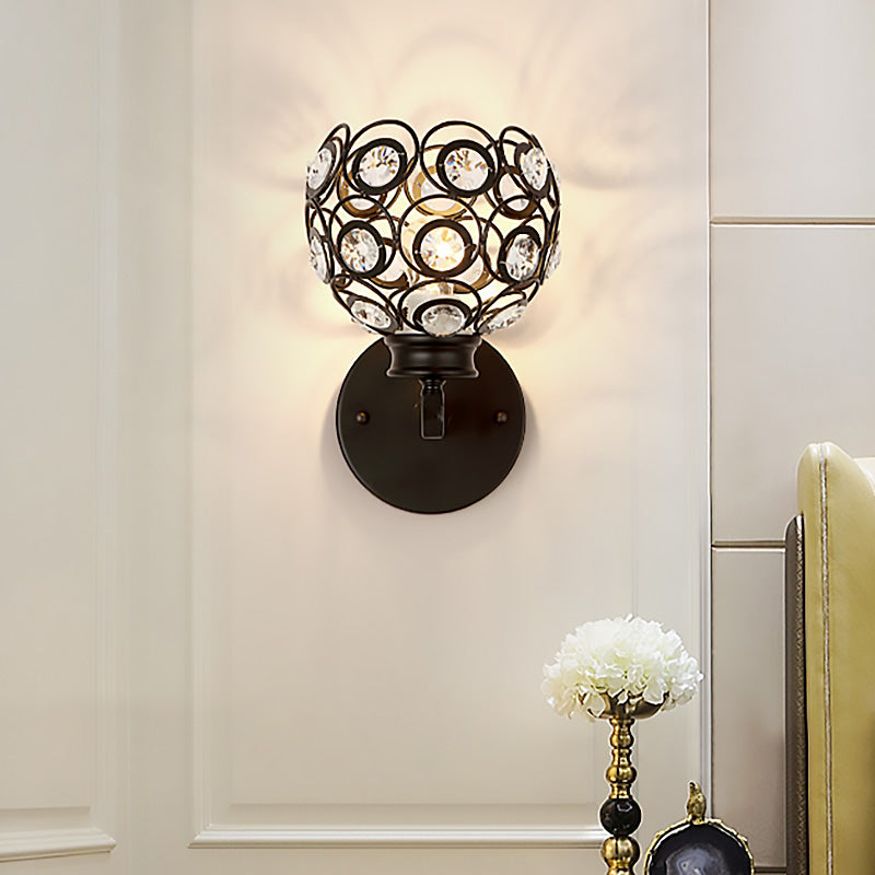 Avtoit | Dome Clear Crystal Wall Lamp Modernist Style 1 Bulb Black/Brass Finish Wall Lighting Fixture for Bedroom