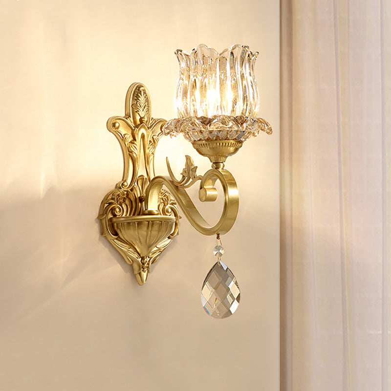Avtoit | Clear Crystal Flower Wall Lights Contemporary 1-Light Wall Sconce with Carved Arm in Gold for Hallway